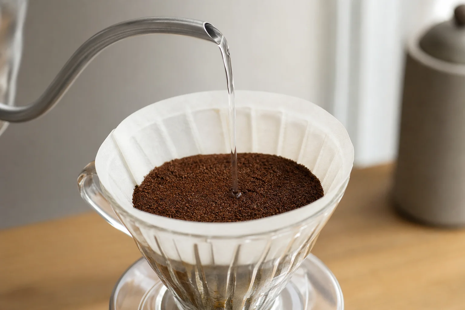 Water column above coffee bed in a pour-over brewer during brewing