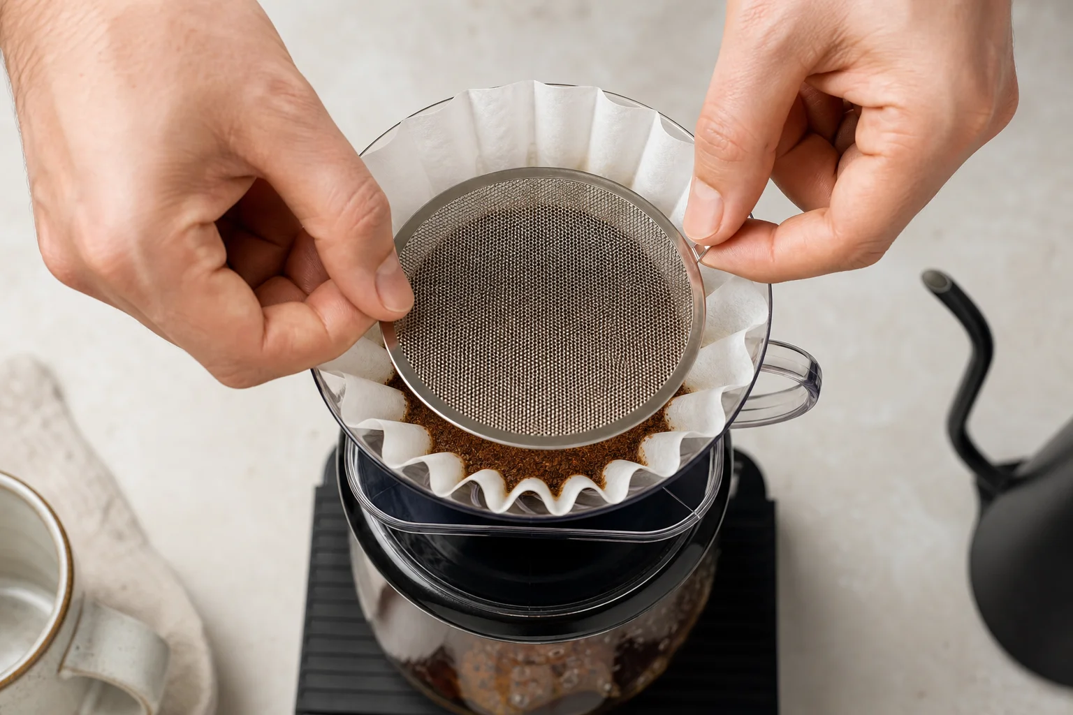 Hands adjusting shower screen on a pour-over brewer before brewing