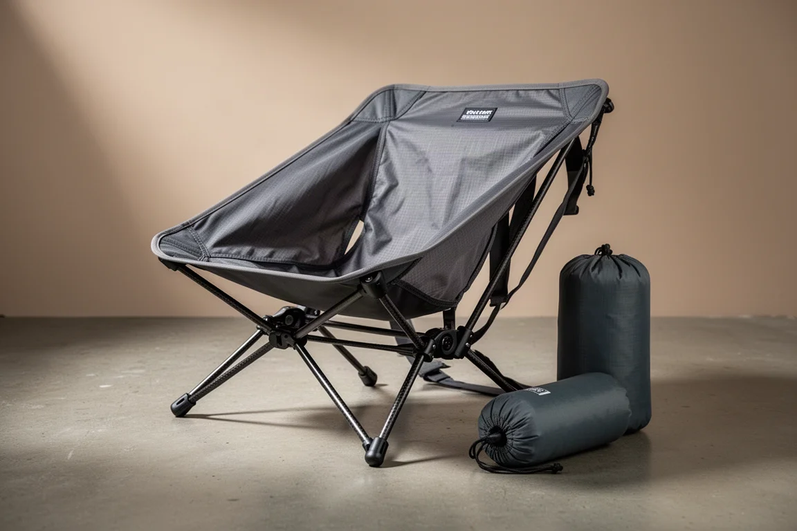 Ultralight sling-style backpacking chair with carbon fiber poles and ripstop seat on concrete
