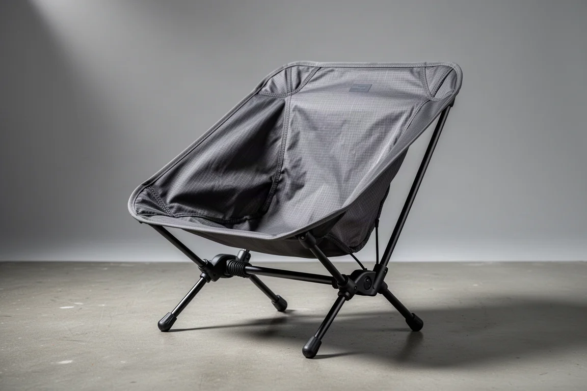 Compact ultralight sling backpacking chair with carbon fiber poles on a concrete surface