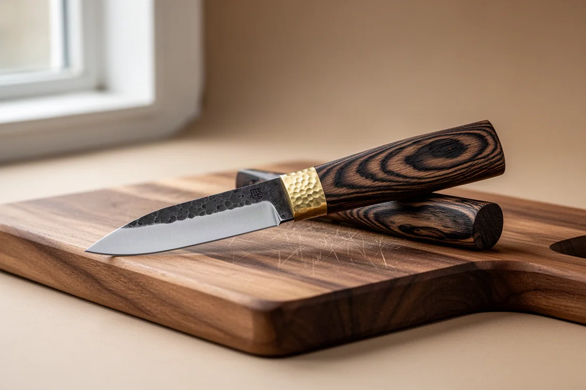 Handmade utility knife with scorched maple handle and brass cap on a wooden board