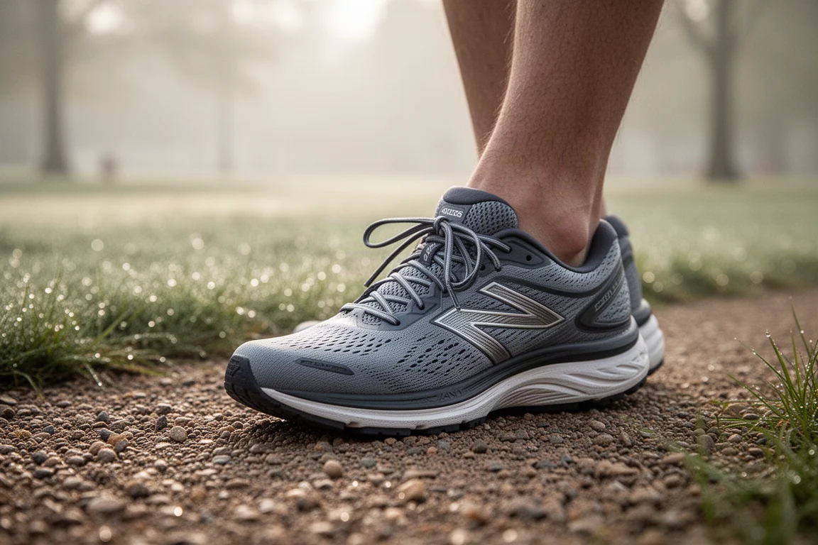 Coureur laçant une chaussure de running amortissante sur un sentier de parc dans la lumière du matin
