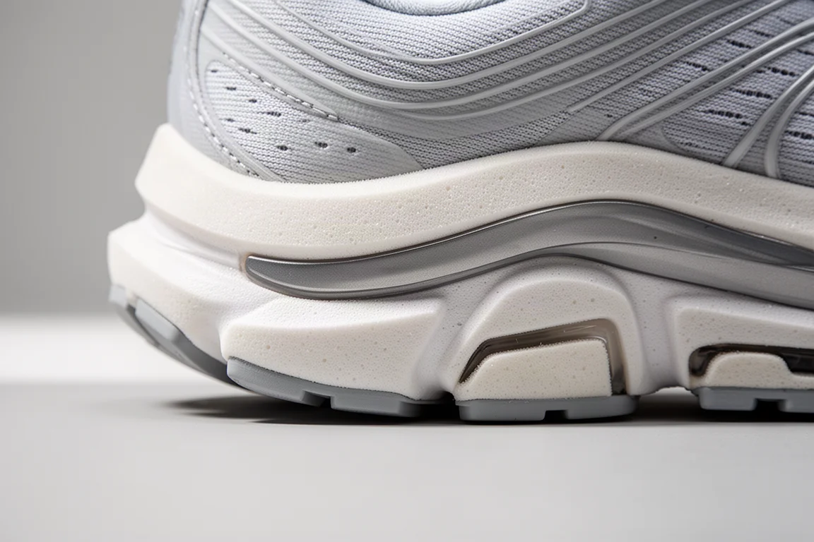 Gros plan sur la semelle intermédiaire et la plaque en nylon d'une chaussure de running