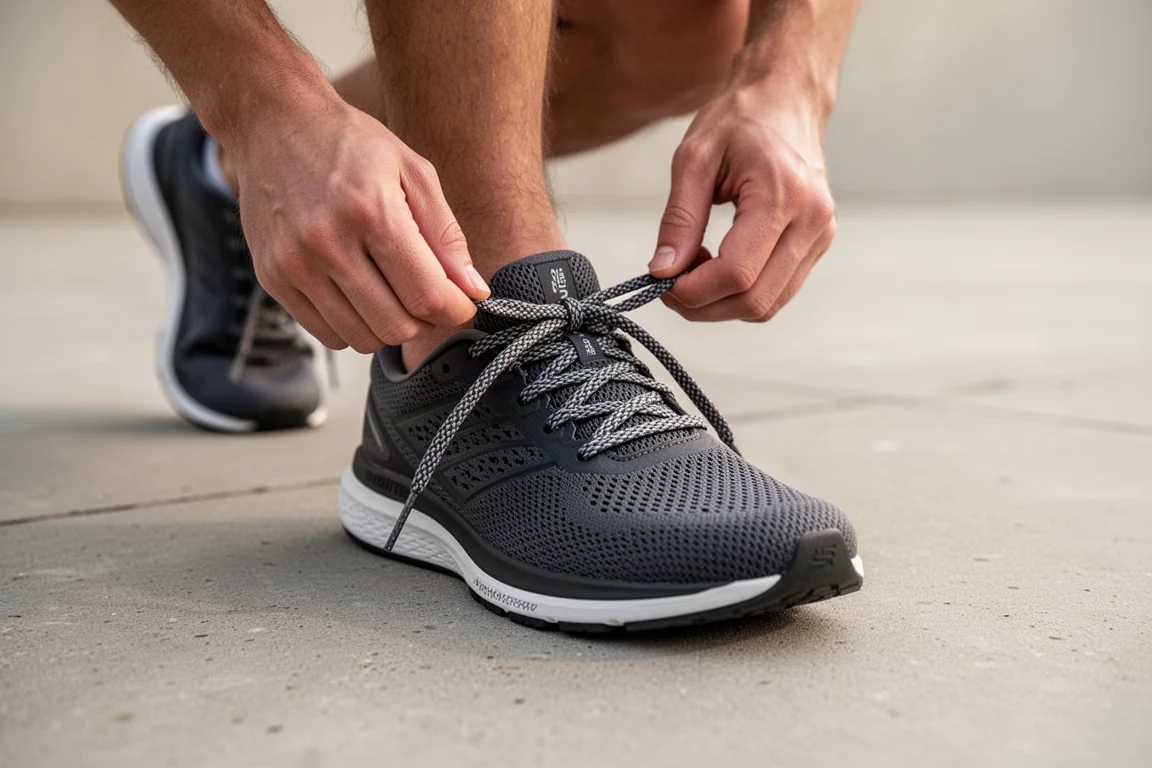 Runner tying chunky flat laces on a dark gray training shoe before a run