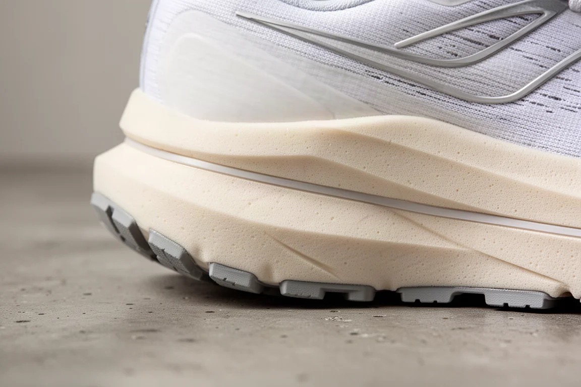 Close-up of a thick foam midsole with a visible plate on a running shoe
