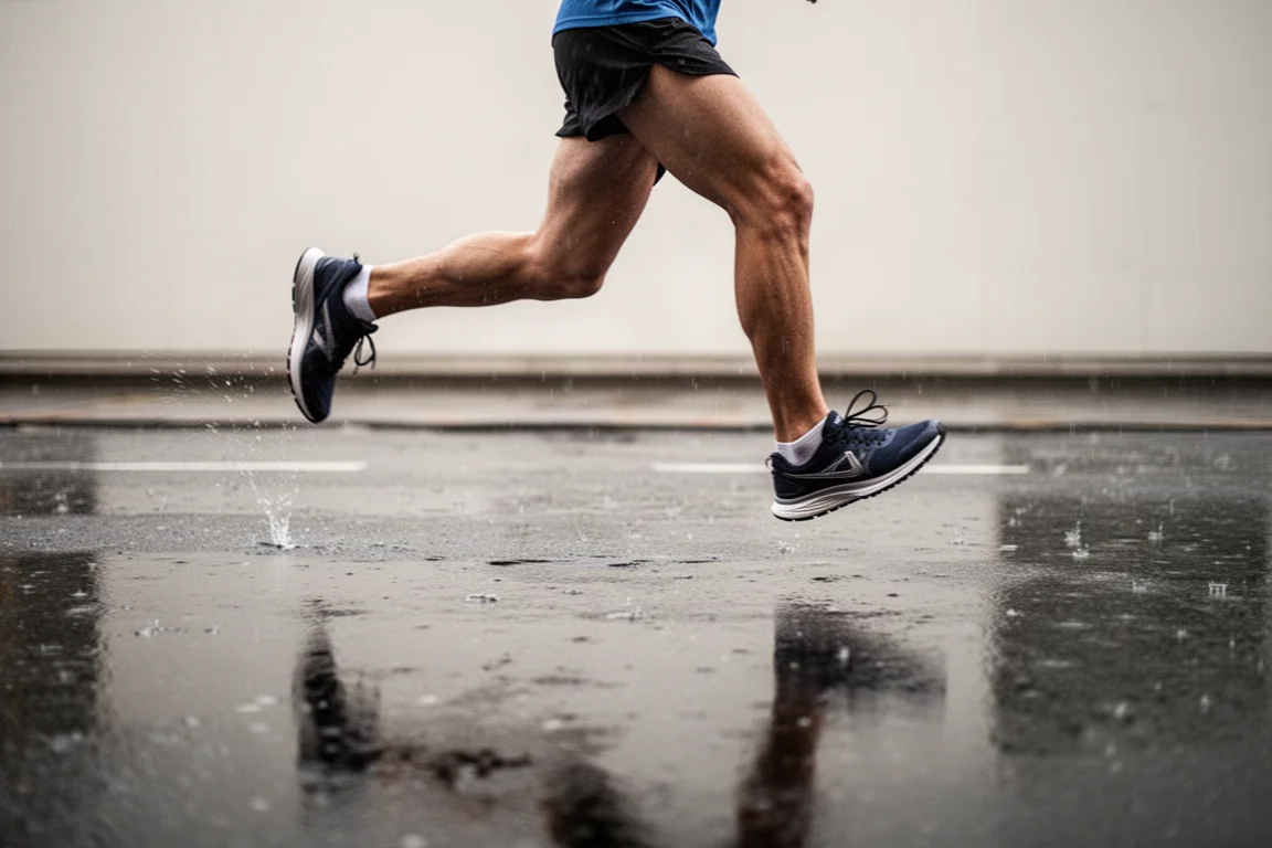 Runner moving along wet pavement in soft overcast light