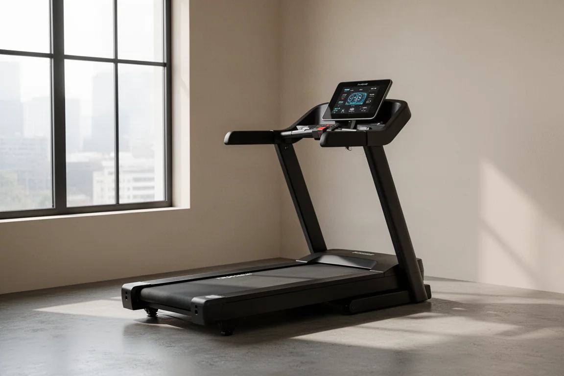 Treadmill in a modern gym corner with soft natural light