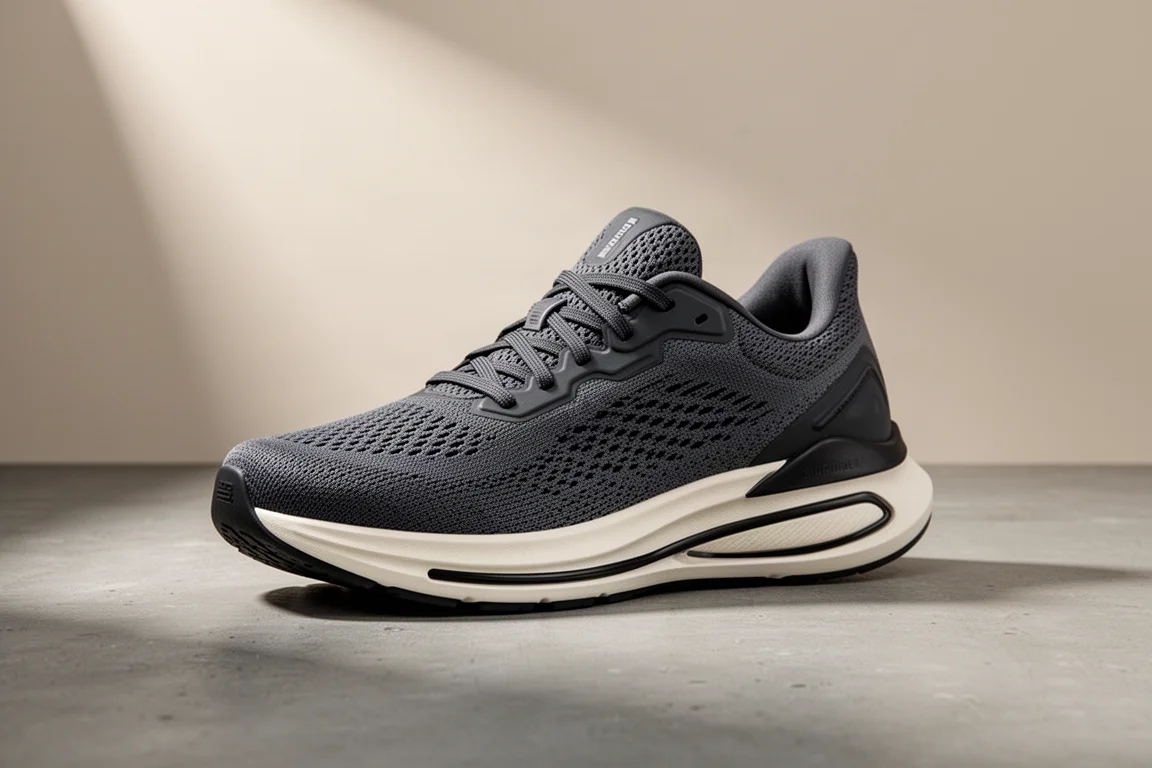 Noble Runner Plus running shoe in dark gray with plated foam midsole on concrete