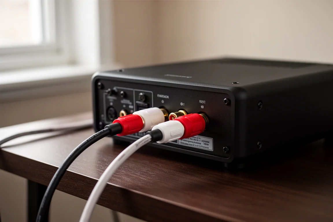 Kable RCA wpięte w tylny panel kompaktowego wzmacniacza na ciemnym drewnianym biurku