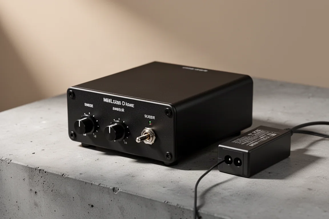 Compact matte black mini Class D amplifier beside a slim external power supply on concrete