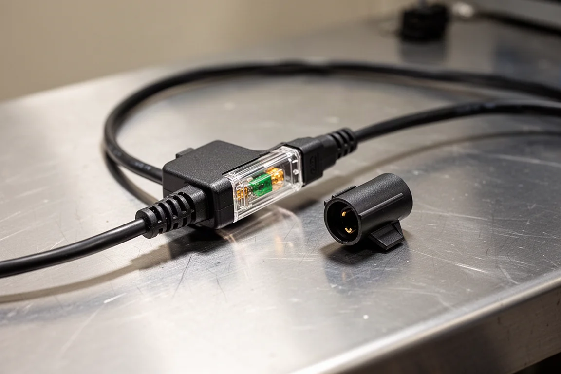 充電器輸出線,帶有內建保險絲,連接器蓋已移除
