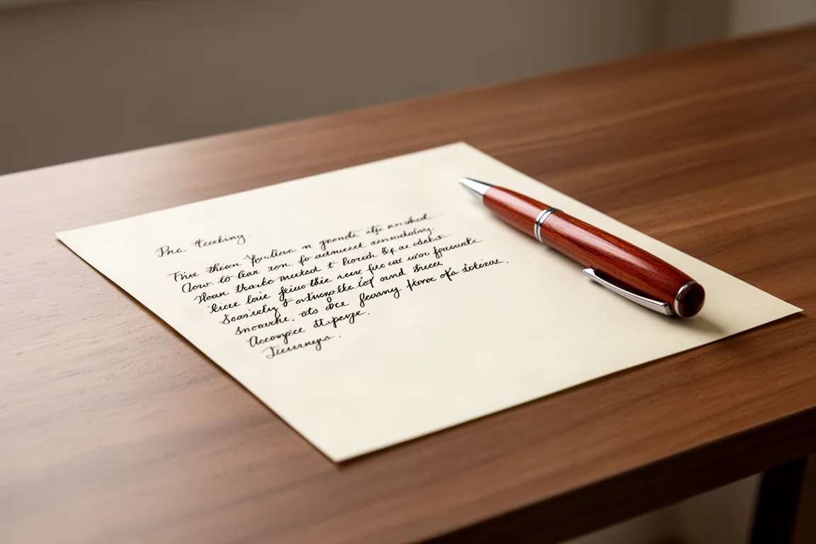 Ręcznie pisane notatki na kremowym papierze obok drewnianego długopisu