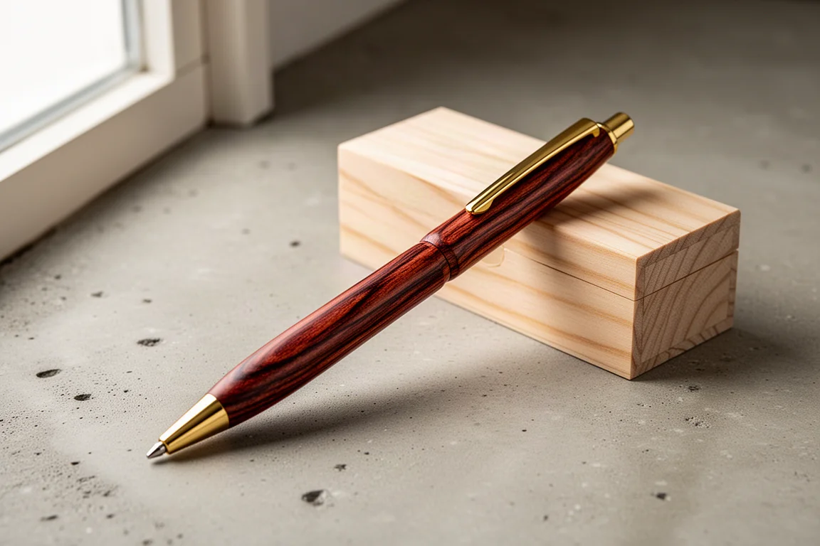Reddish-brown tiger-stripe wooden ballpoint pen with gold clip beside a pale wood box