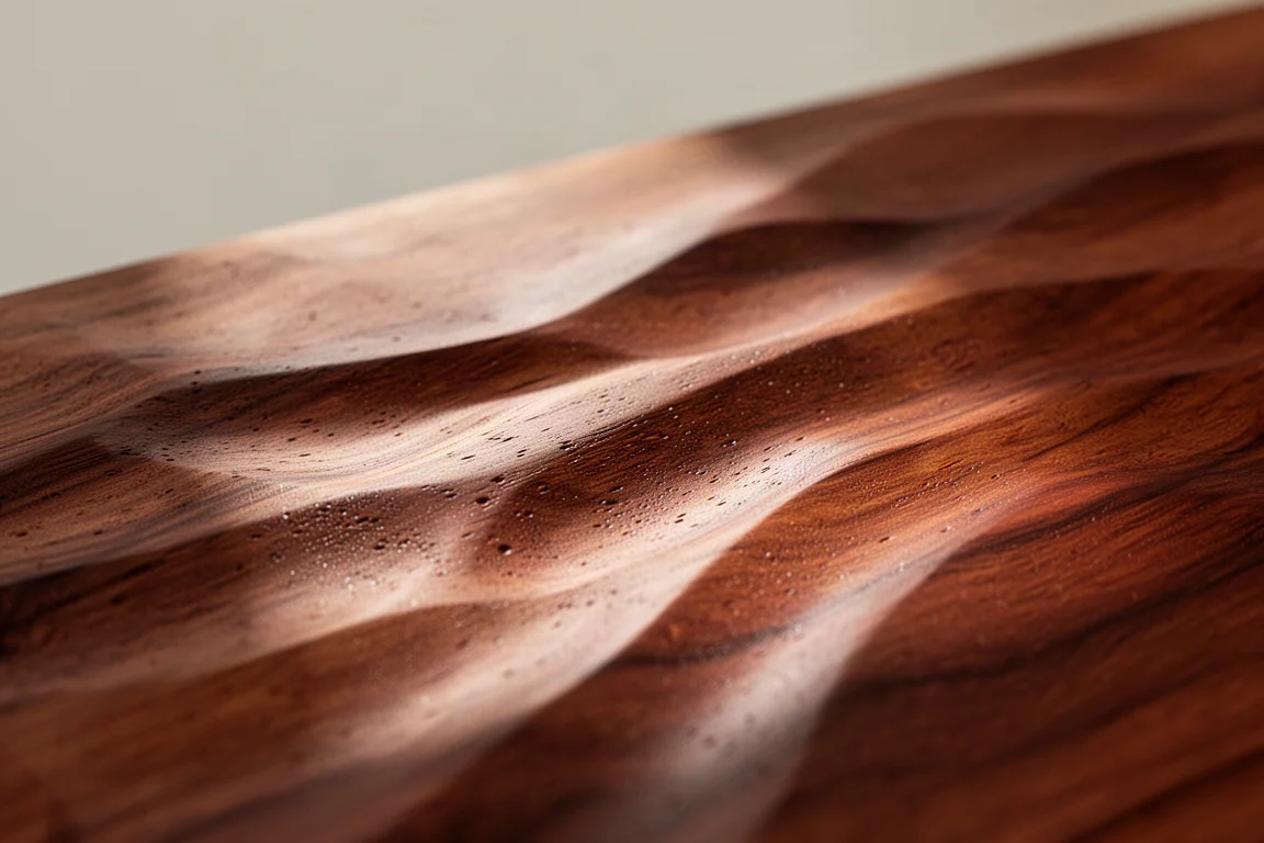 Close-up of quilted Sapele wood grain with wavy shimmering figure