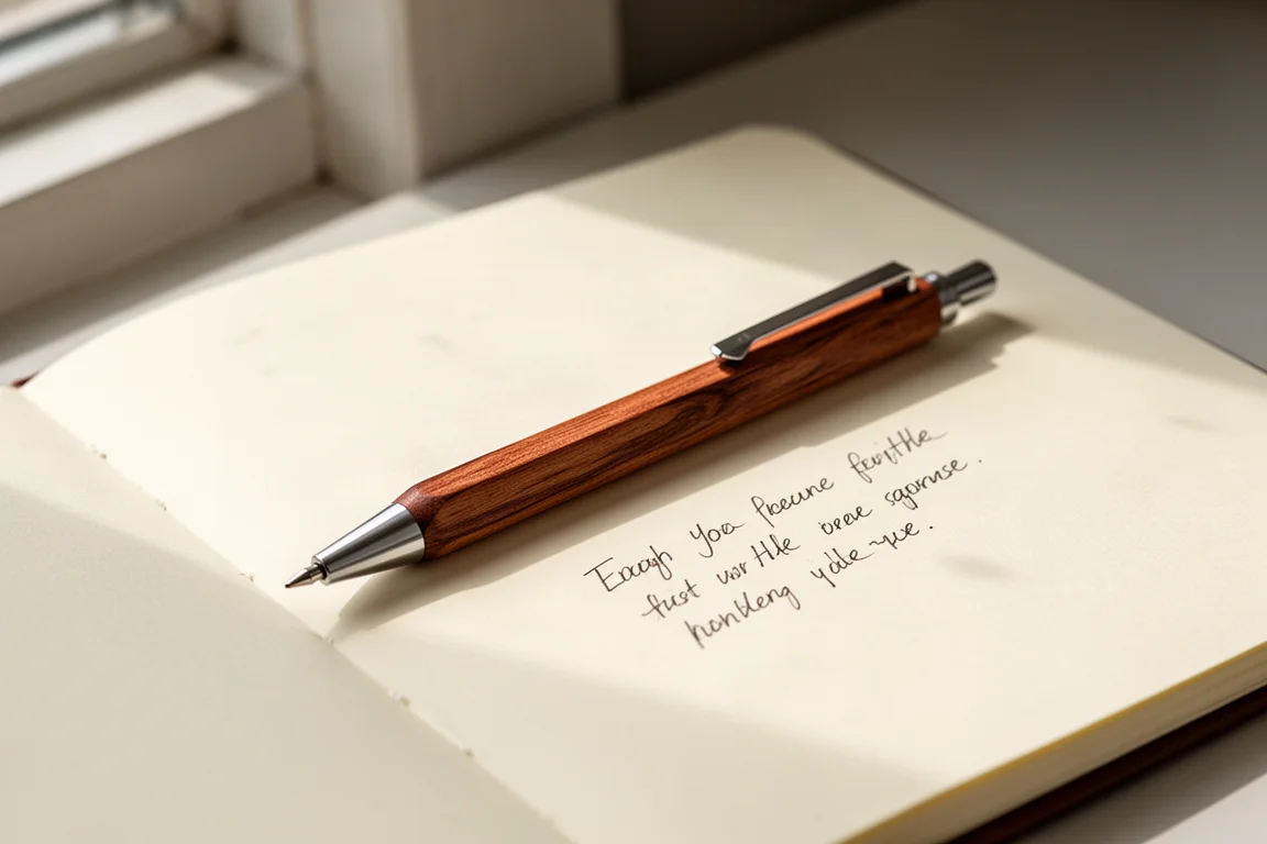 Wooden mechanical pencil resting on an open notebook with fresh handwriting