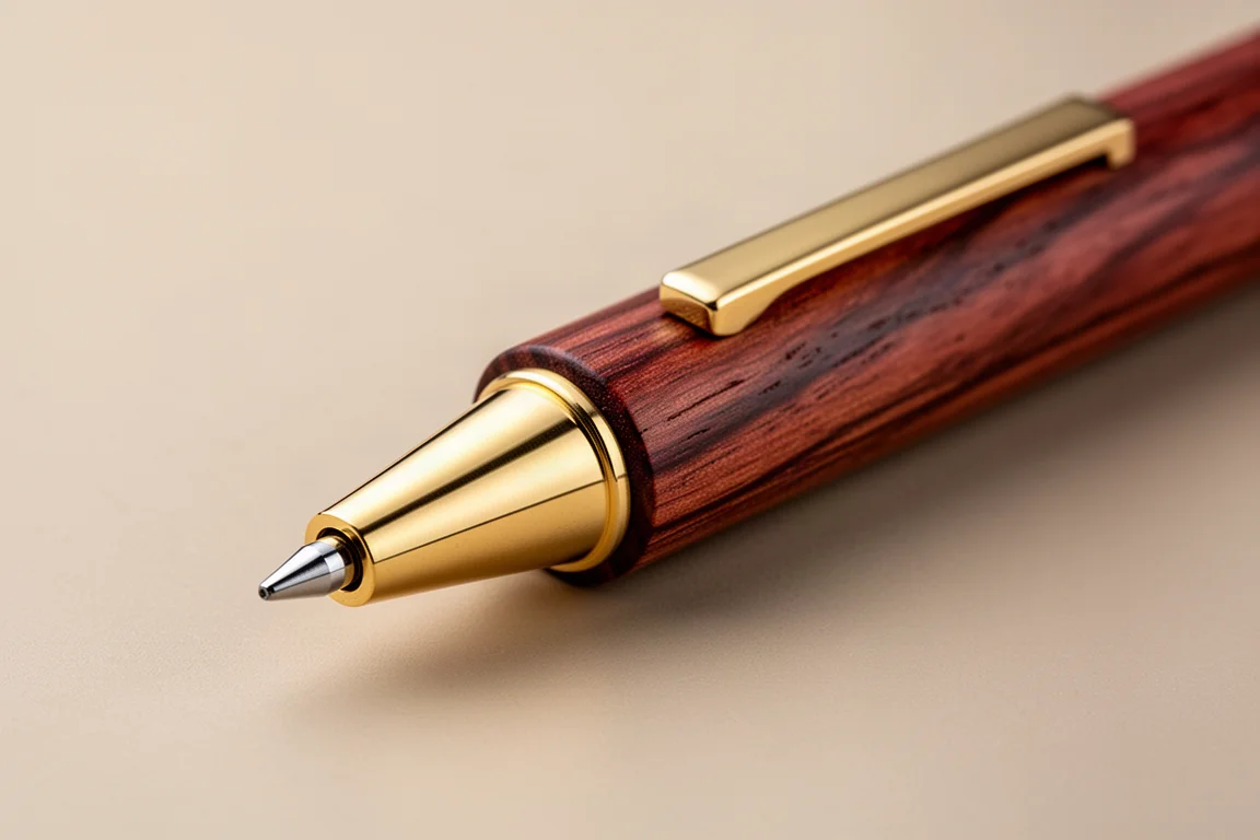 Close-up of the pencil's gold clip and lead sleeve in studio light