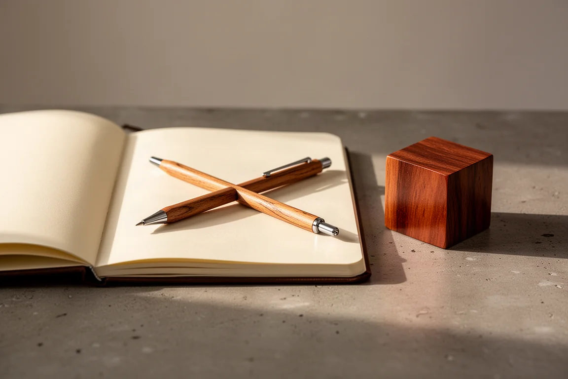 Writing desk scene with pencil, notebook, and small wooden cube in warm light