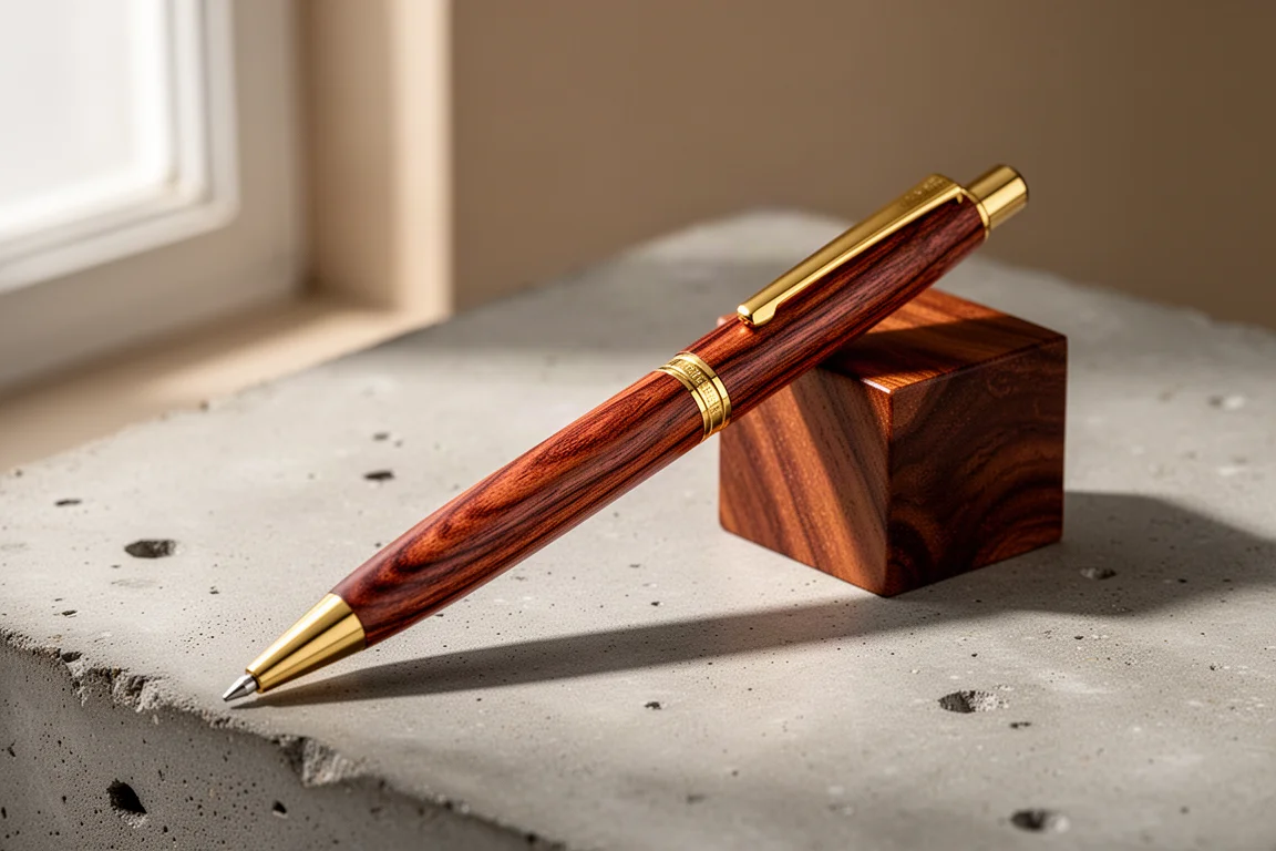 Matita meccanica in legno di Sapele con ferramenta dorata accanto a un piccolo cubo di legno