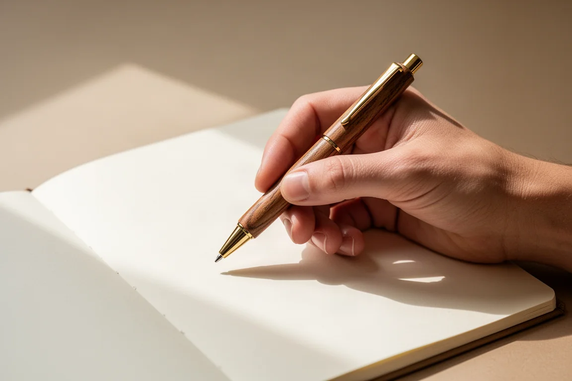Hand hält einen kompakten Stift in einer angenehmen Schreibhaltung