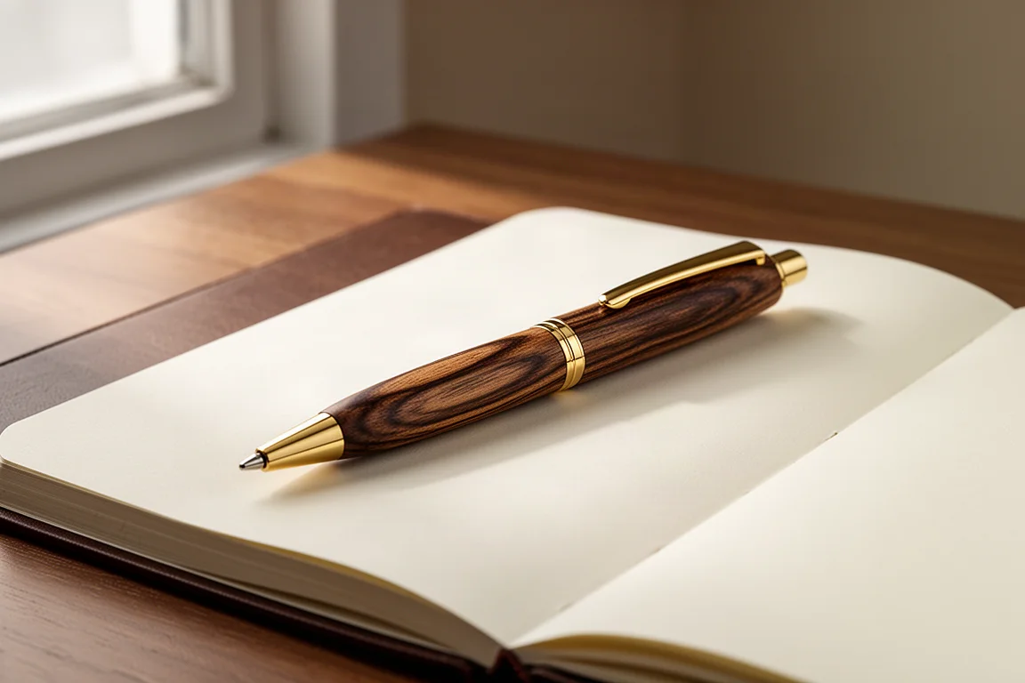 Nohara Kogei Enju wooden ballpoint pen with gold clip on a wood desk