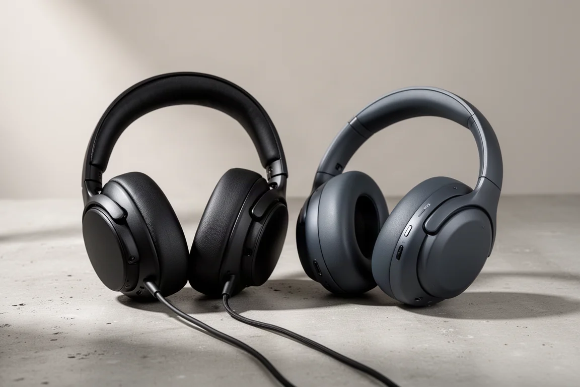 Two over-ear headphones side by side on a matte concrete surface in soft studio light