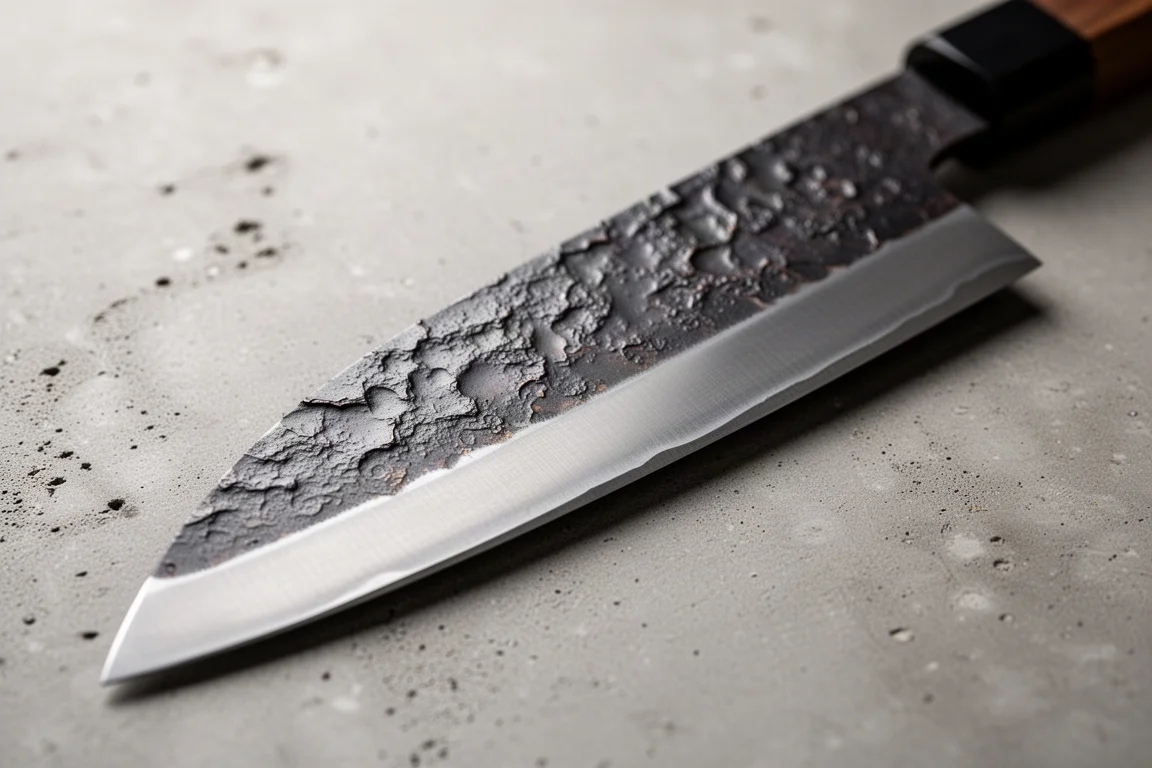 Strukturierte Schmiedehaut-Oberfläche an einer japanischen Gyuto-Klinge, schräg fotografiert