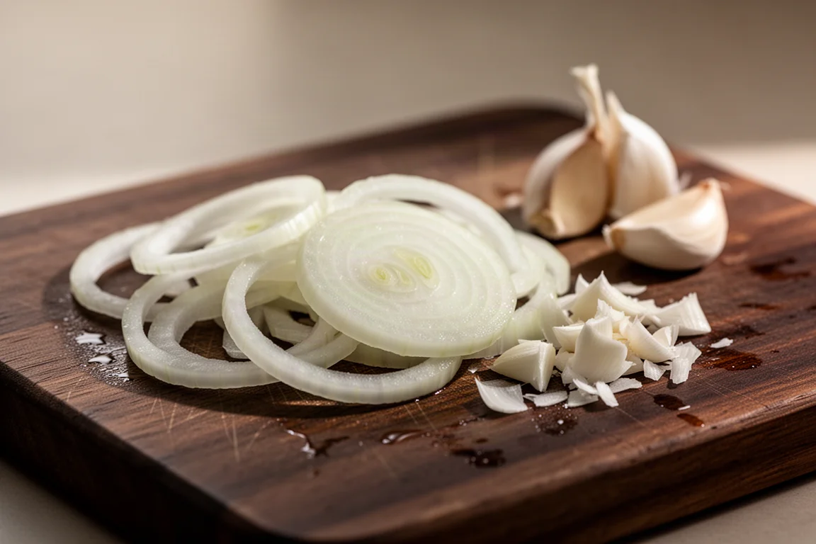 Frischer Knoblauch und Zwiebelscheiben auf einem Schneidebrett im sanften Küchenlicht