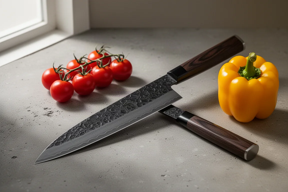 Japanese gyuto knife with textured forge-scale finish beside tomatoes and a bell pepper