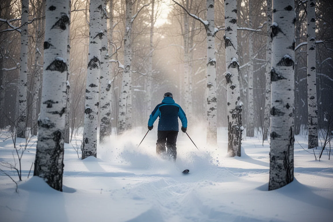 Skifahrer von hinten gesehen, wie er in weichem Schnee in eine Baumreihe mit Lichtungen einfährt