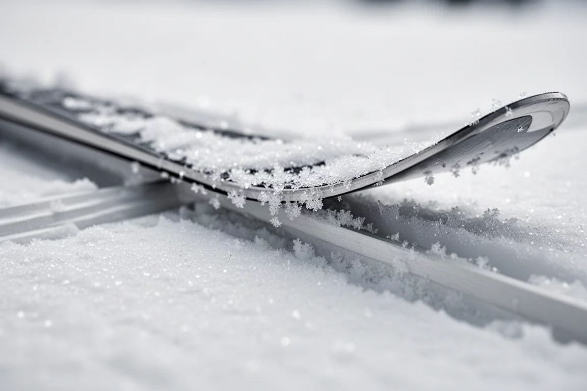 Nahaufnahme aus niedrigem Winkel einer Skikante und dünnen Seitenwange auf präpariertem Schnee