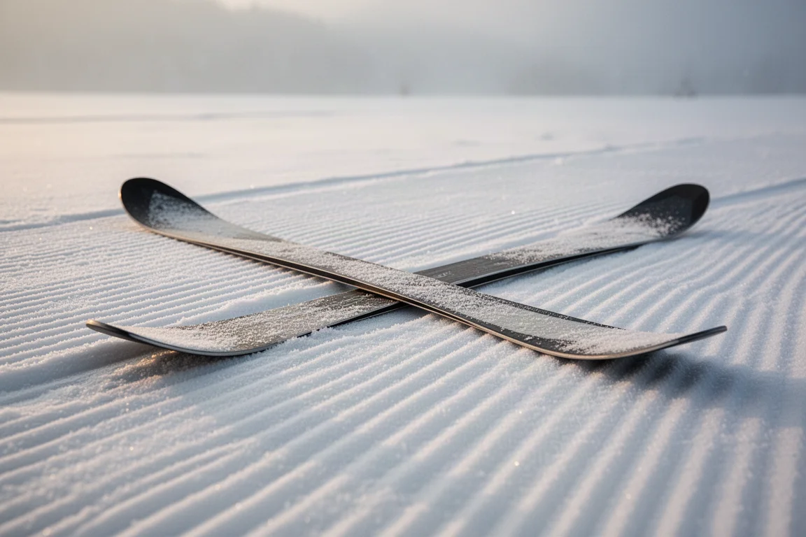 Ski mit der Belagseite nach oben auf frischem Spurschnee, mit Taper an der Spitze und Rocker-Profil