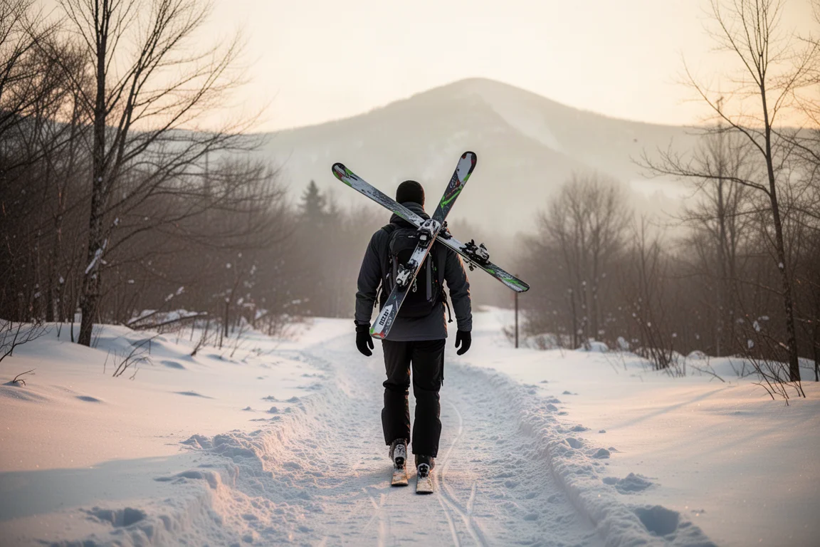 Skifahrer geht bei Sonnenaufgang mit Skiern über einer Schulter zum Einstiegspunkt der Piste