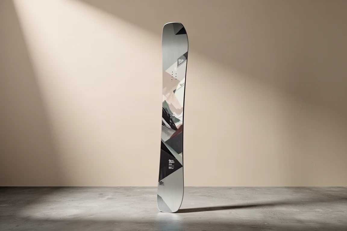 Freeride twin-tip ski standing upright on a matte concrete surface in soft studio light