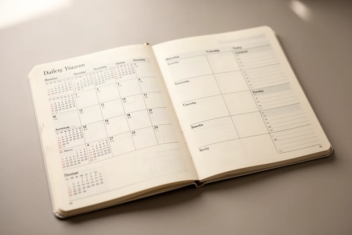 Agenda ouvert montrant le calendrier annuel et les pages de planification en grille