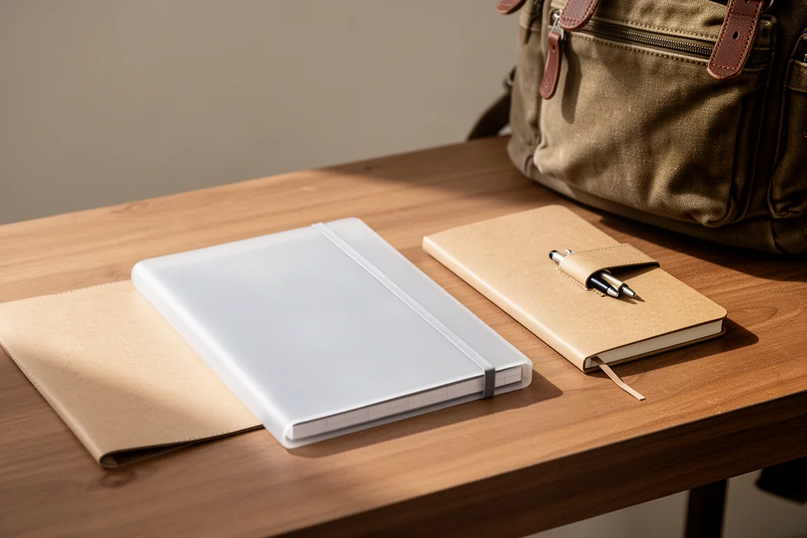 Agenda glissé dans un sac à dos à côté de carnets sur un bureau en bois