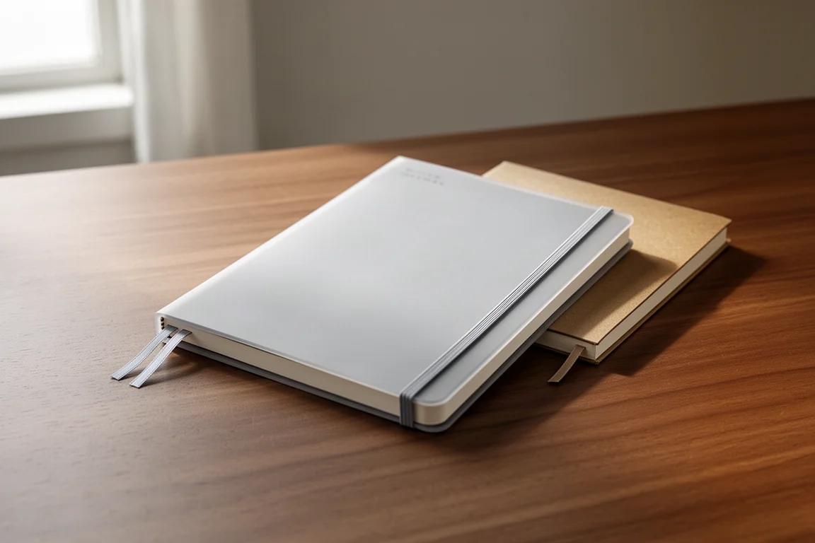 Nolty daily planner with plastic cover, ribbon bookmarks, and bundled notebook on a wooden desk