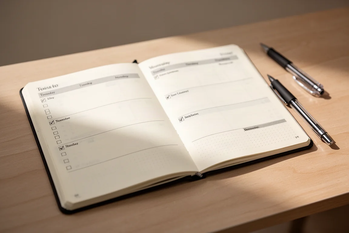 Open weekly planner spread with checkboxes and a pen resting beside it