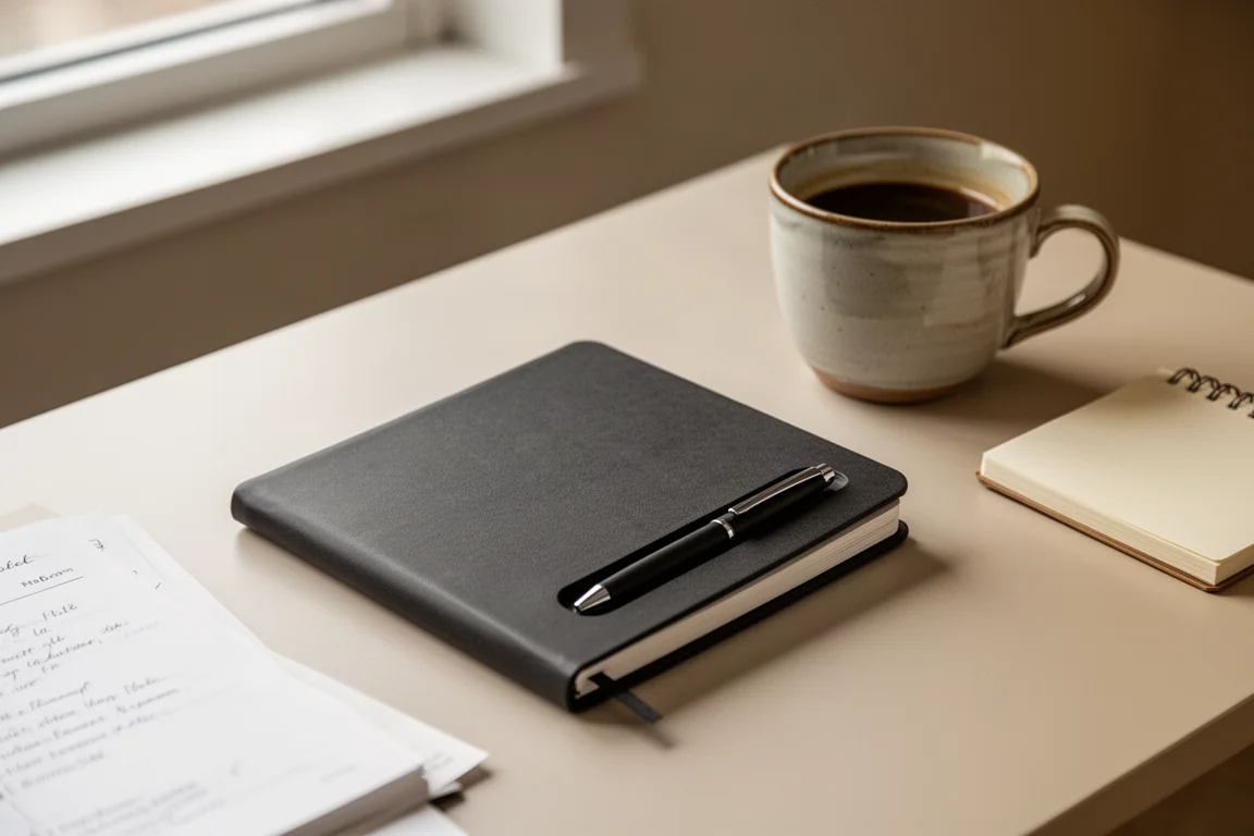 Compact planner held above a busy desk with coffee and notebook