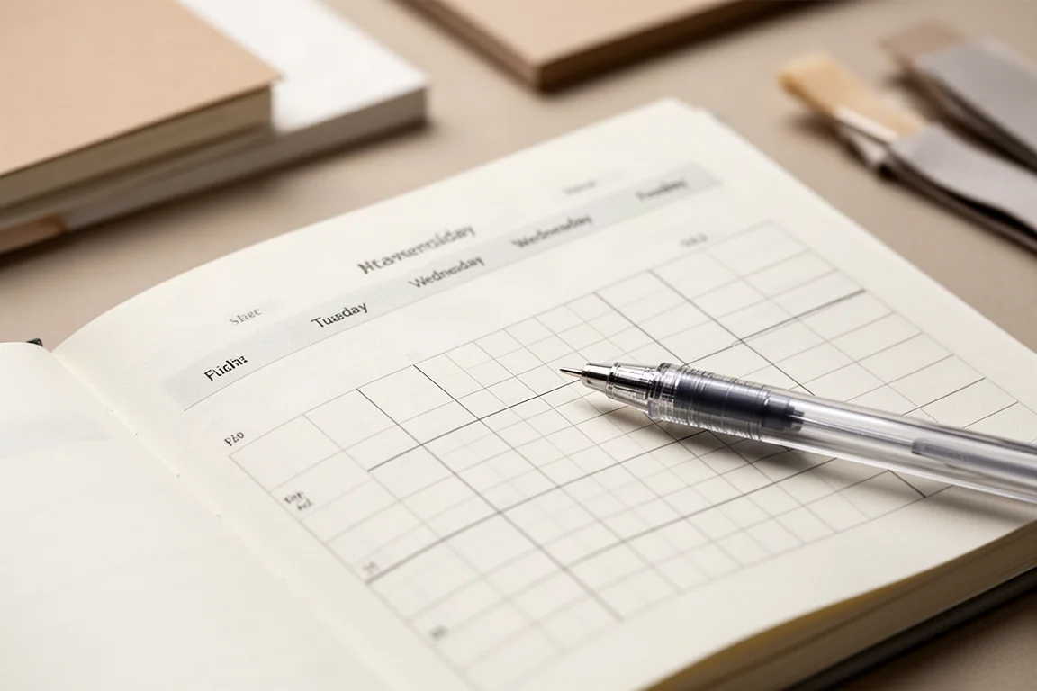 Graph paper planner spread with handwritten-style timeline grid