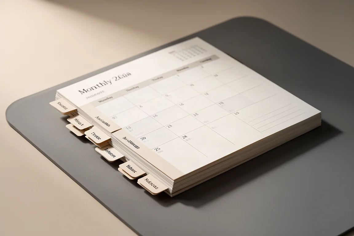 Planner with cut-out index tabs fanned open on a desk