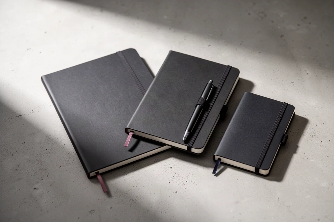 Collection of slim paper planners in several sizes on a concrete surface