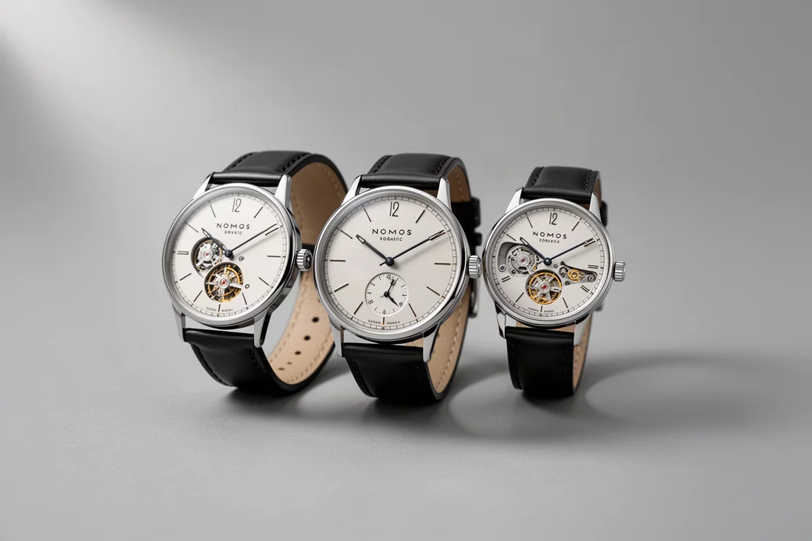 Flachauflage von zwölf luxuriösen Dresswatches mit weißen Metallgehäusen auf einer Betonoberfläche