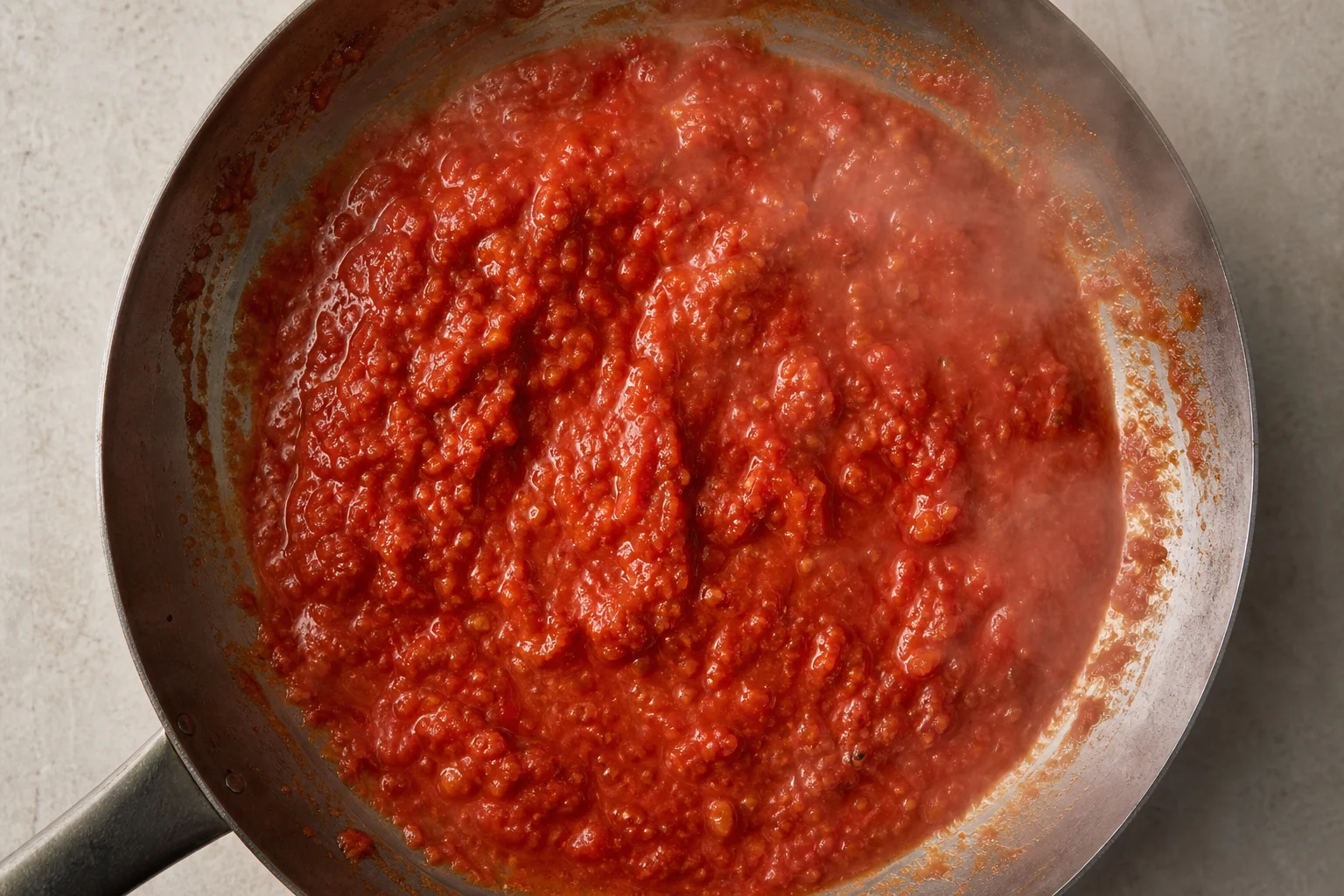 Tomates triturados cocinándose a fuego lento en una sartén de acero al carbono