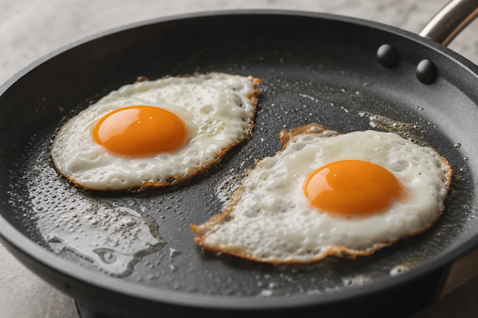 Huevos cocinándose en una sartén antiadherente con una cantidad mínima de aceite
