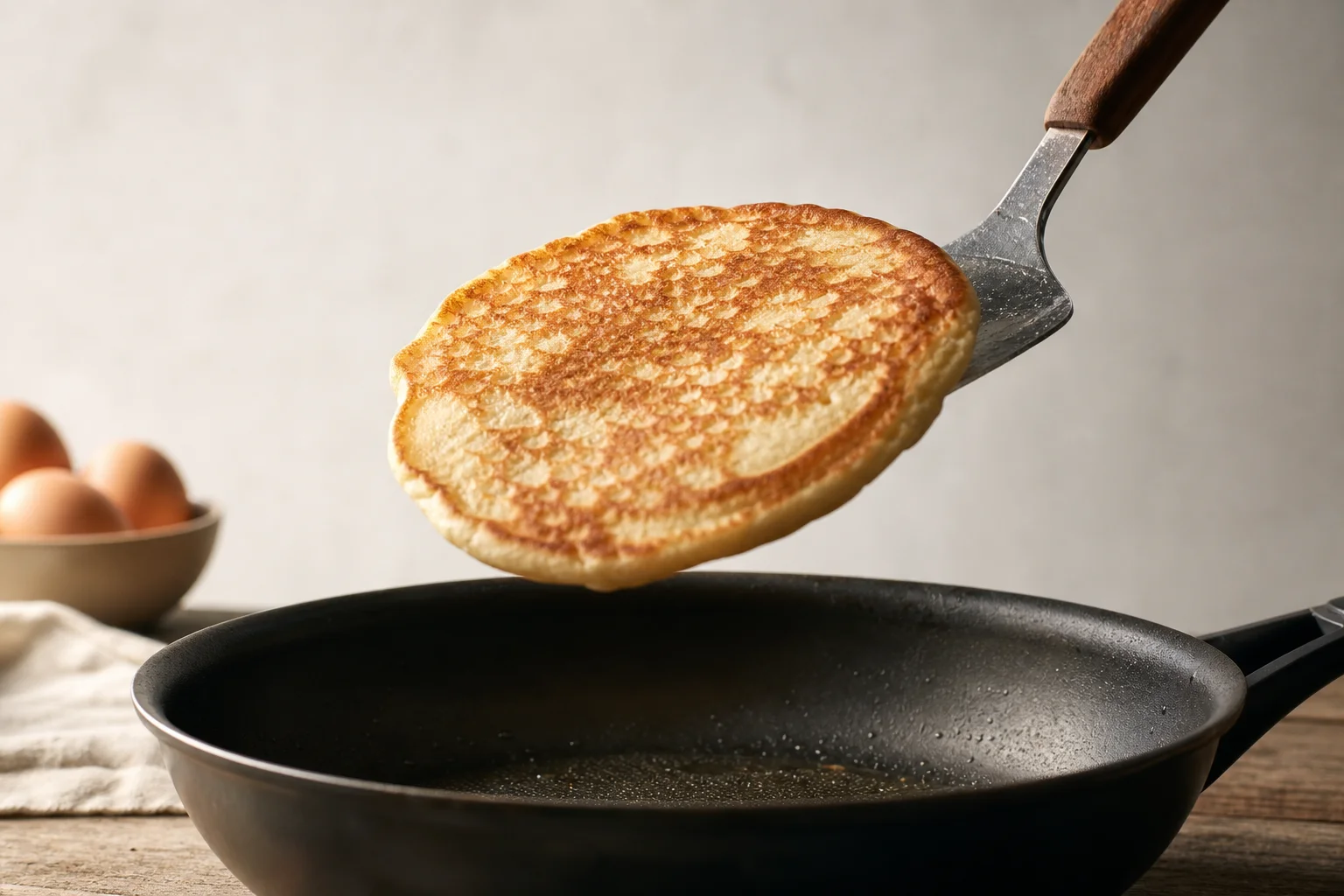 Tortitas siendo volteadas en una sartén de acero al carbono