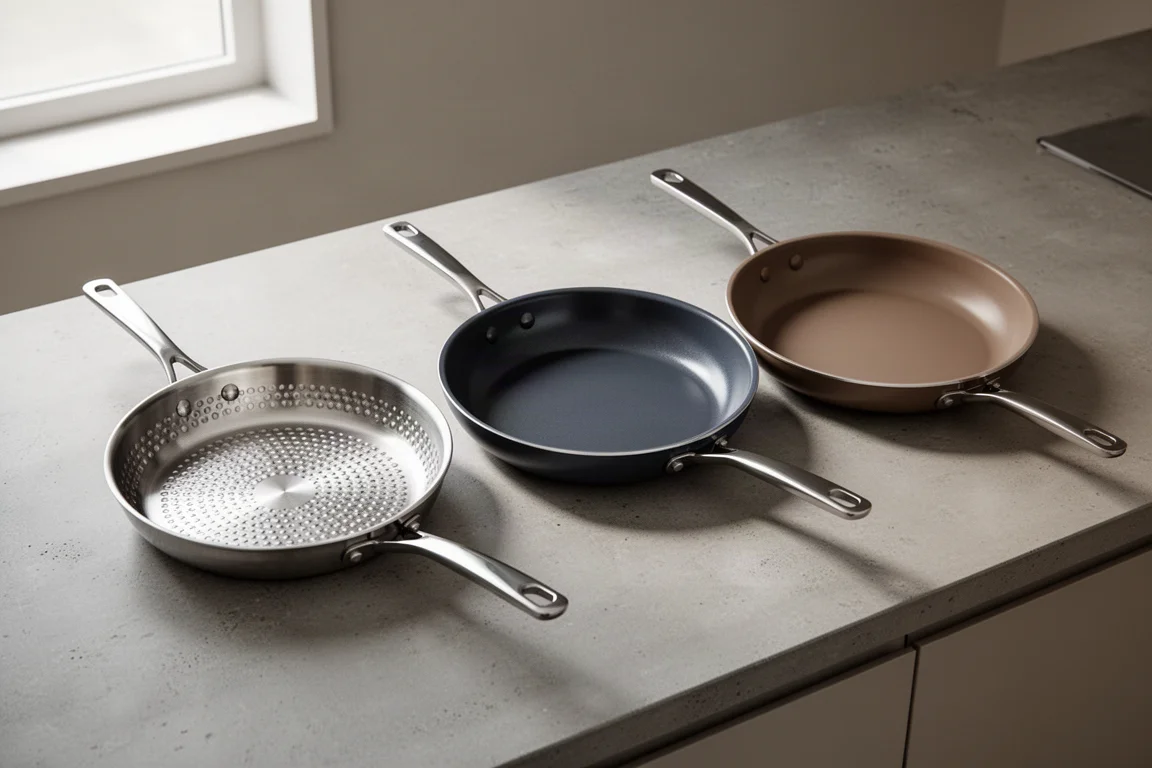 Three nonstick frying pans lined up on a concrete counter