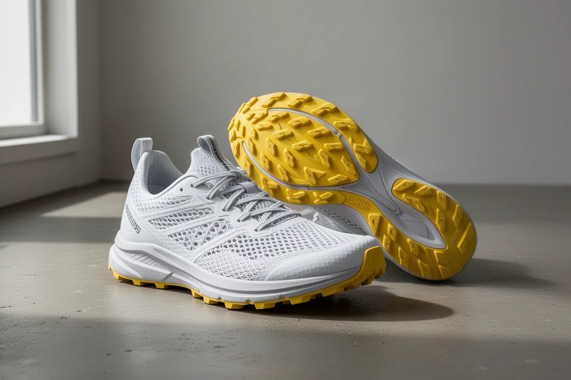 Coppia di scarpe da trail running bianche con suole gialle su una superficie in cemento