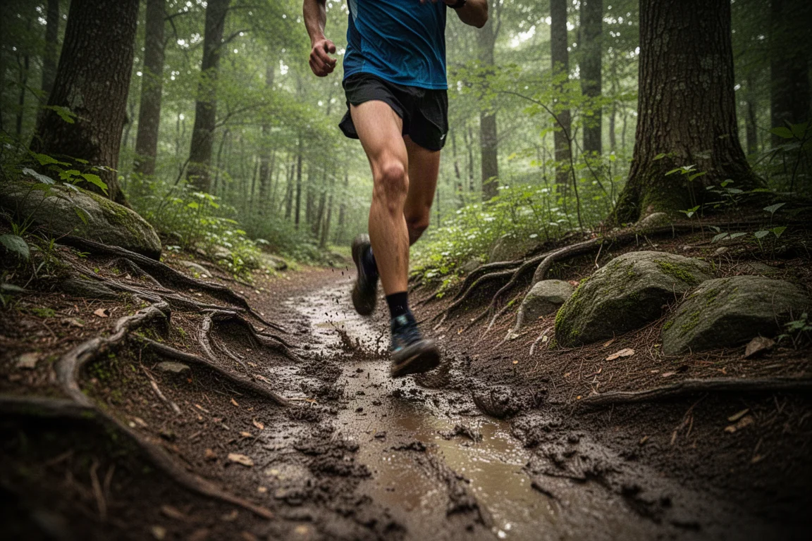 Trailrunner auf schlammigem Singletrail mit Wurzeln und Steinen