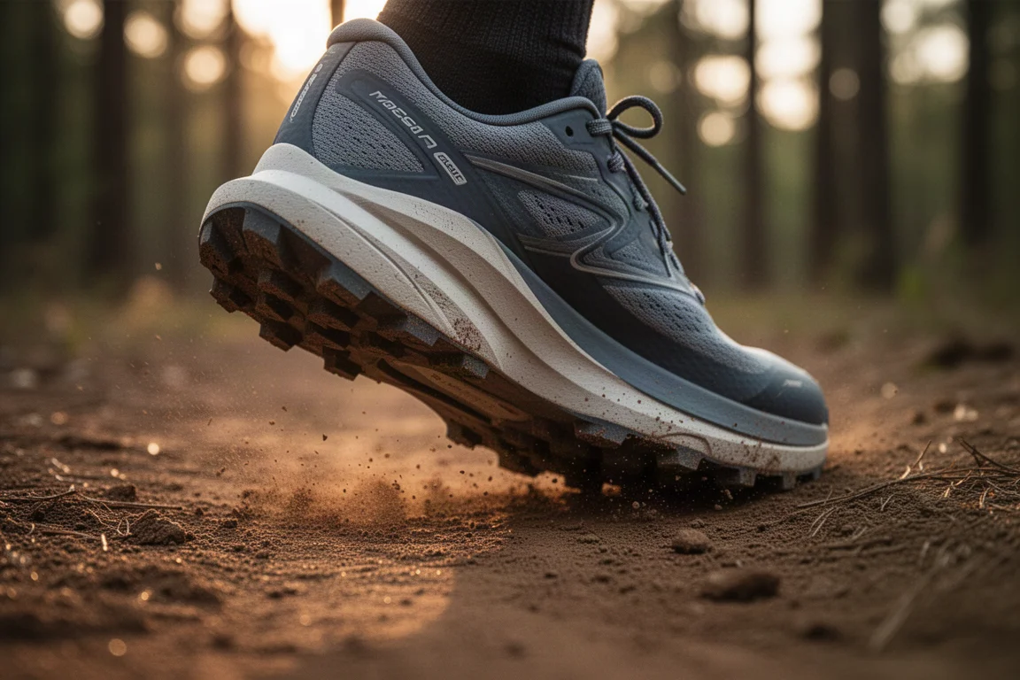Nahaufnahme einer sich auf einem Waldweg in der goldenen Stunde biegenden Schuh-Mittelsohle