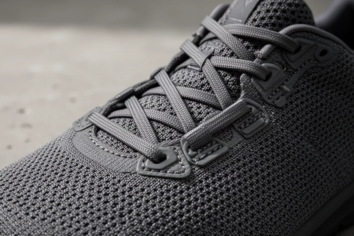 Detailaufnahme eines strapazierfähigen gewebten Schuh-Obermaterials mit festgezogenen Schnürsenkeln